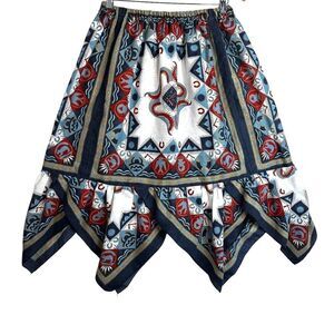 Vintage Southwestern Thunderbird Handkerchief‎ Hem Skirt Navy Red Boho USA Made